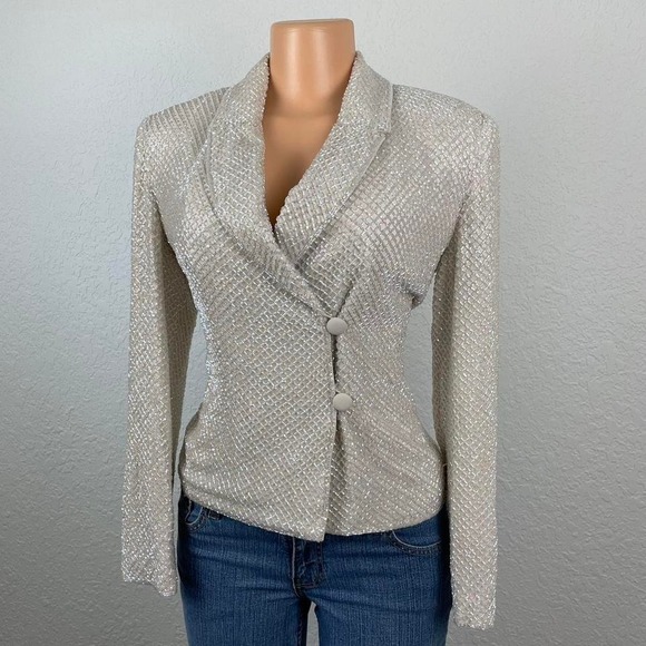 Rickie Freeman Vintage 80s Saks Fifth Avenue Fully Beaded White Sparkly Blazer - Picture 2 of 8